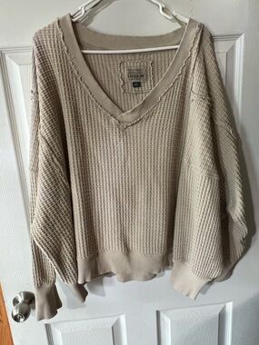 This is seriously lived in brand Cream V-Neck Waffle Knit Sweater - Women